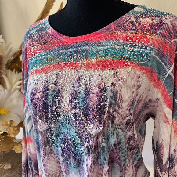 Y2K Boho Chic Embroidered Artsy Multicolor Rhinestone Stretchy Top - Picture 2 of 9